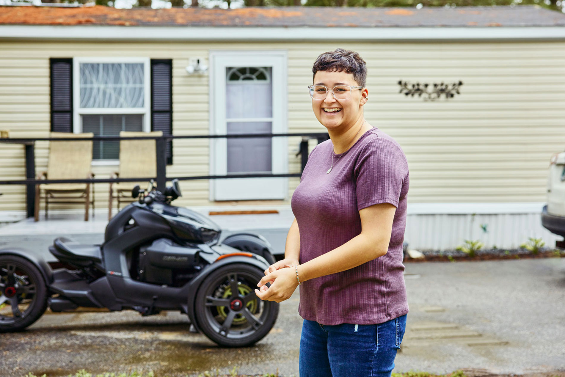First-time homebuyer Antonisha 'Nisha" Negron outside her manufactured home in Franconia.